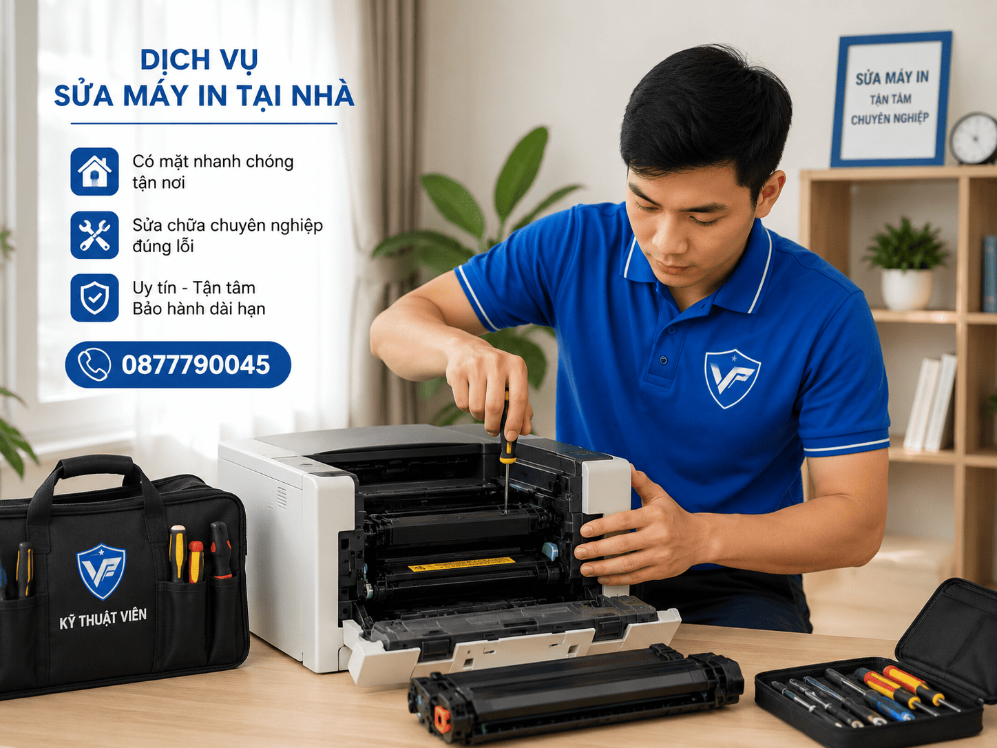 Kỹ thuật viên đang sửa máy in laser tận nhà chuyên nghiệp uy tín TPHCM